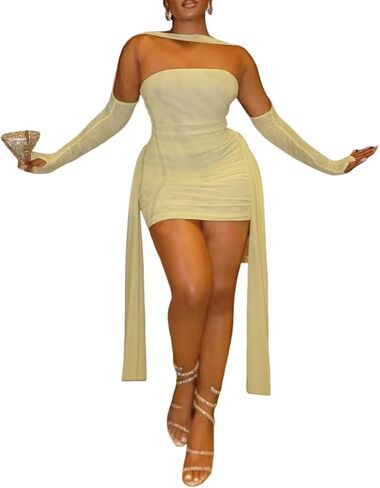 Sexy Strapless Tube Top Mesh Mini Dress for Women Bodycon Ruched Ribbons Birthday Date Night Dresses in Saudi Arabia