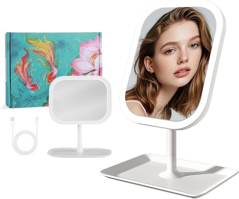 مرآة مكياج حساسة للمس، مرآة مكياج مع ضوء LED، قابلة لإعادة الشحن 2400 مللي أمبير في الساعة، تعديل دوران 270 درجة، مرآة تجميل مع أضواء، سفر محمول، أبيض، 3 ألوان فاتحة in Kuwait