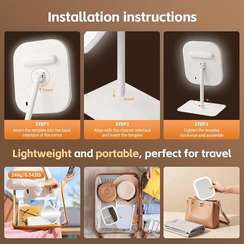 مرآة مكياج حساسة للمس، مرآة مكياج مع ضوء LED، قابلة لإعادة الشحن 2400 مللي أمبير في الساعة، تعديل دوران 270 درجة، مرآة تجميل مع أضواء، سفر محمول، أبيض، 3 ألوان فاتحة in Kuwait