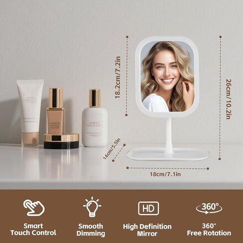 مرآة مكياج حساسة للمس، مرآة مكياج مع ضوء LED، قابلة لإعادة الشحن 2400 مللي أمبير في الساعة، تعديل دوران 270 درجة، مرآة تجميل مع أضواء، سفر محمول، أبيض، 3 ألوان فاتحة in Kuwait