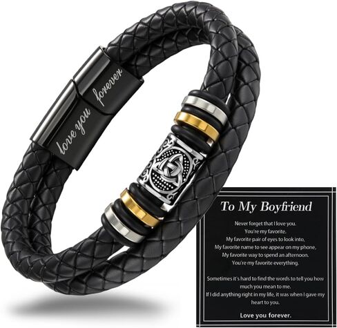 Mens Leather Bracelet,Black Stainless Steel Double-Row Braided Black Stainless Steel Love You Forever Engraved,Men Valentines Day Ideal Gift for Son & Grandson in Saudi Arabia