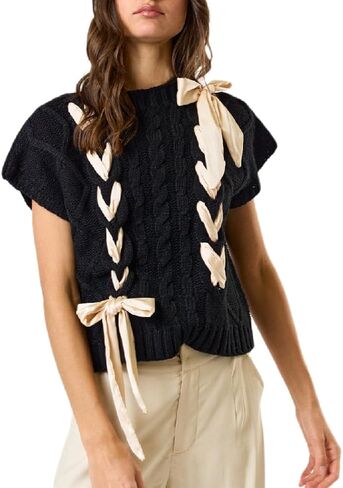Women Sleeveless Lace Up Ribbon Sweater Mock Neck Cap Sleeve Knit Vest Cute Bow Crochet Pullover Y2k Aesthetic Top in Saudi Arabia