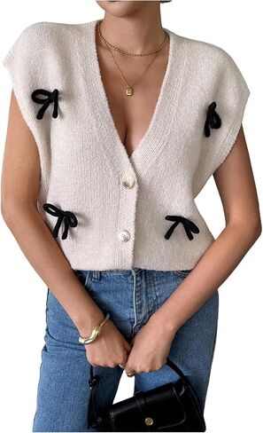 OYOANGLE Women's Bow Sweater Vest V Neck Button Up Oversized Coquette Sleeveless Cardigans in Saudi Arabia