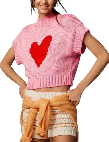 Women Cap Sleeve Sweater Vest Cute Heart Print Mock Neck Sweaters Knitted Pullover Tank Tops in Kuwait