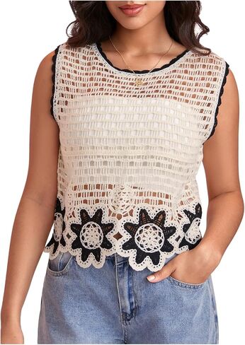 Women's Floral Crochet Knit Sweater Vest Crew Neck Tank Tops Knitwear in Saudi Arabia