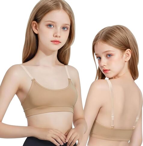 حمالة صدر للرقص باللون البيج للفتيات المراهقات، أشرطة شفافة قابلة للتعديل، حمالة صدر باليه بدون خياطة، أغطية للحلمات in Kuwait