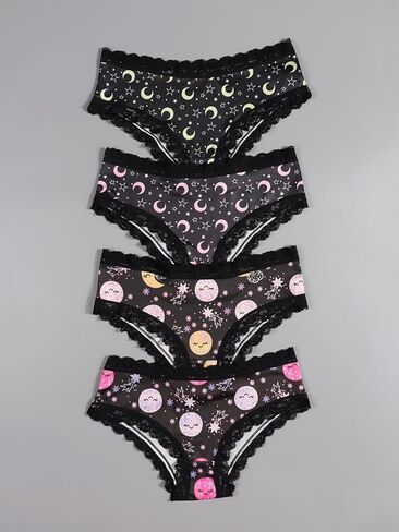 4pcs Romantic Women Contrast Lace Illustration Allover Scattering of Stars & Moons Print Hipsters Panties in Saudi Arabia