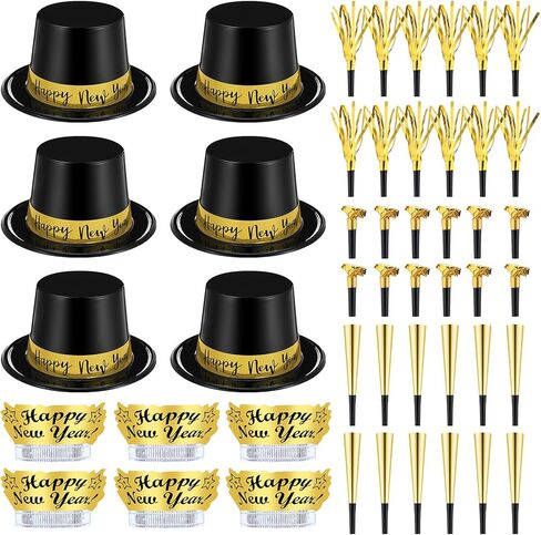 Shappy 48 Pcs New Year's Eve Party Supplies 2025 Party Favors for 12 Guest, Include Happy New Year Top Hats, New Year Headband Tiara, Fringed Noise Makers, Blowing Horns, Blowouts Noisemakers in Saudi Arabia