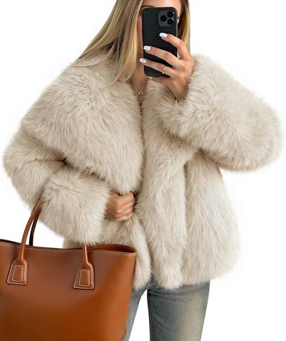 ZESICA Women's Winter Faux Fur Coats Fluffy Jacket 2026 Trendy Long Sleeve Lapel Shaggy Warm Outerwear with Pockets in Saudi Arabia