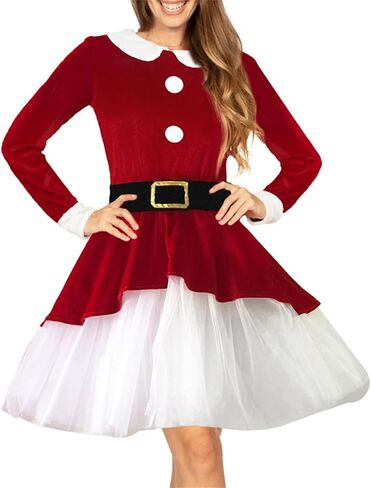 Women 3Pcs Velvet Christmas Santa Claus Dress Long Sleeve Mesh Hem Dress Hat Belt Cosplay Costumes in Saudi Arabia