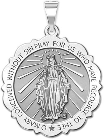 PicturesOnGold.com Miraculous Medal Scalloped Round - 2/3 Inch X 2/3 Inch - Solid 14K White Gold in Saudi Arabia