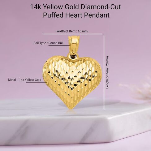 Diamond2Deal 14k Yellow Gold Diamond-Cut Puffed Heart Pendant (L- 20 mm W- 16 mm) in Saudi Arabia