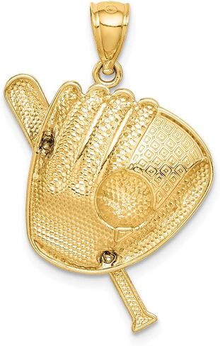 14K Yellow Gold Diamond-cut White Rhodium Baseball Bat Glove Ball Pendant in Saudi Arabia