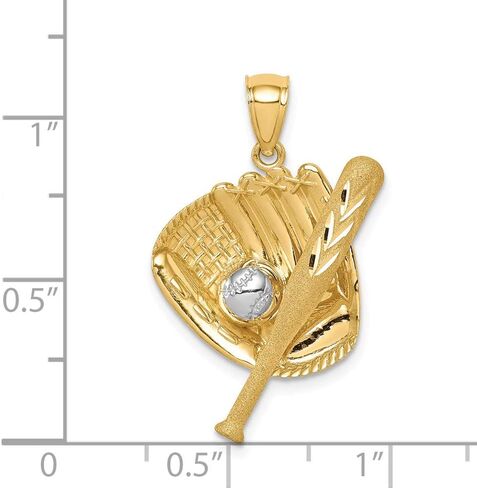 14K Yellow Gold Diamond-cut White Rhodium Baseball Bat Glove Ball Pendant in Saudi Arabia