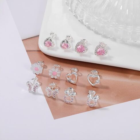 RANKEEF 6/8Pairs Sterling Silver Stud Earrings Sets Hypoallergenic Cute Tiny Earrings Ages 8-12 Silver Heart Ball Butterfly Daisy Stud Sets in Saudi Arabia