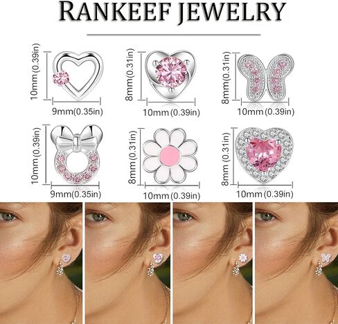 RANKEEF 6/8Pairs Sterling Silver Stud Earrings Sets Hypoallergenic Cute Tiny Earrings Ages 8-12 Silver Heart Ball Butterfly Daisy Stud Sets in Saudi Arabia
