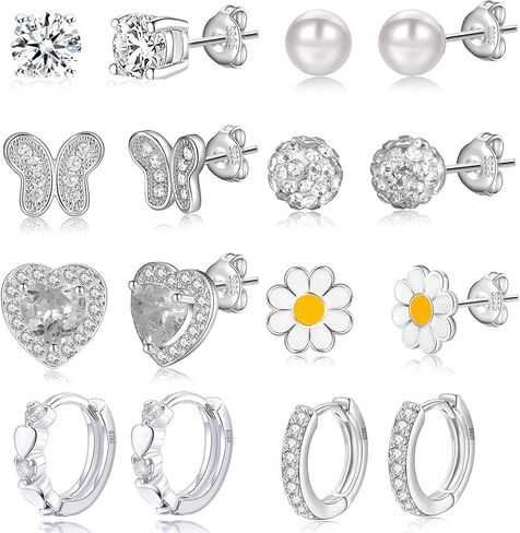 RANKEEF 6/8Pairs Sterling Silver Stud Earrings Sets Hypoallergenic Cute Tiny Earrings Ages 8-12 Silver Heart Ball Butterfly Daisy Stud Sets in Saudi Arabia