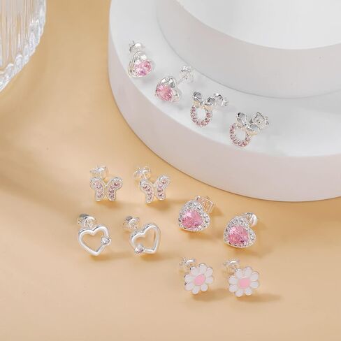 RANKEEF 6/8Pairs Sterling Silver Stud Earrings Sets Hypoallergenic Cute Tiny Earrings Ages 8-12 Silver Heart Ball Butterfly Daisy Stud Sets in Saudi Arabia