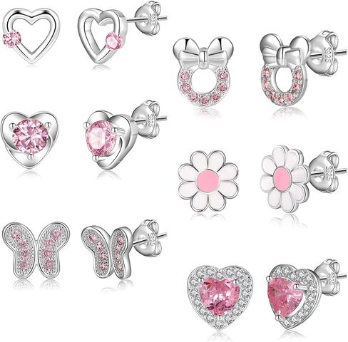 RANKEEF 6/8Pairs Sterling Silver Stud Earrings Sets Hypoallergenic Cute Tiny Earrings Ages 8-12 Silver Heart Ball Butterfly Daisy Stud Sets in Saudi Arabia