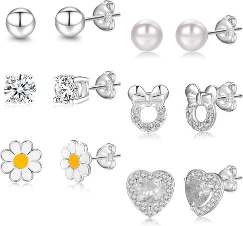 RANKEEF 6/8Pairs Sterling Silver Stud Earrings Sets Hypoallergenic Cute Tiny Earrings Ages 8-12 Silver Heart Ball Butterfly Daisy Stud Sets in Saudi Arabia
