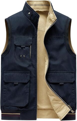 Men's 100% Cotton Washed Reversible Vest 9 Concealed Pockets Travel Casual Gilet Safari Outwear in Saudi Arabia