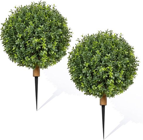 Artificial Boxwood Ball Bush for Outdoors 26 inch Set of 2 UV Resistant Faux Boxwood Ball Trees with Ground Spikes, Fake Boxwood Shrubs for Garden Patio Front Door Balcony in Kuwait