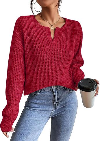 Womens Sweaters Casual Drop Shoulder Long Sleeve V Neck Pullover Tops Trendy Fall Fashion Clothes 2025 in Saudi Arabia