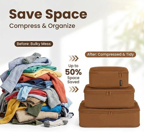 Compression Packing Cubes for Travel, 4 Piece Lightweight Packing Cubes Set for Suitcases and Backpacks, Space-Saving Organizer for Clothes (Light Brown, 4 Pack) in Saudi Arabia