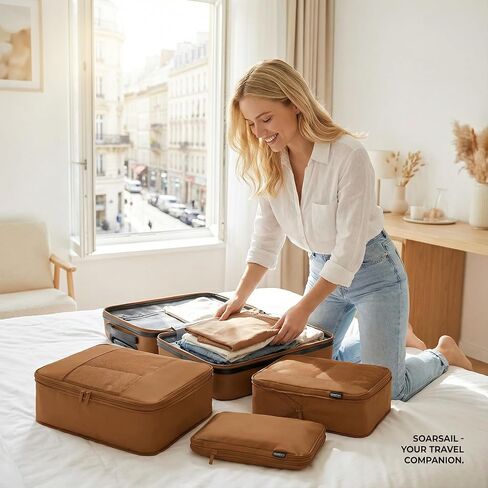 Compression Packing Cubes for Travel, 4 Piece Lightweight Packing Cubes Set for Suitcases and Backpacks, Space-Saving Organizer for Clothes (Light Brown, 4 Pack) in Saudi Arabia