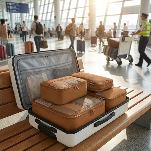 Compression Packing Cubes for Travel, 4 Piece Lightweight Packing Cubes Set for Suitcases and Backpacks, Space-Saving Organizer for Clothes (Light Brown, 4 Pack) in Saudi Arabia