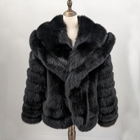 LVCOMEFF Natural Fox Fur Coat Jacket with Big Collar Solid Color Overcoat Winter Warm in Saudi Arabia