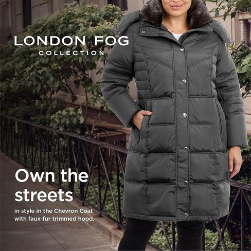 معطف LONDON FOG للسيدات مقاس كبير متوسط ​​الطول بياقة من الفرو الصناعي مع غطاء للرأس in Kuwait