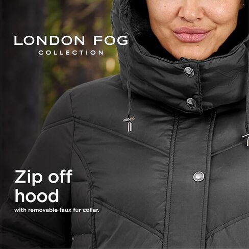 معطف LONDON FOG للسيدات مقاس كبير متوسط ​​الطول بياقة من الفرو الصناعي مع غطاء للرأس in Kuwait