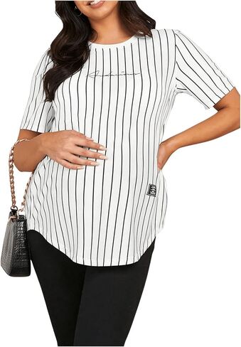 OYOANGLE Women's Maternity Striped Letter Print Nursing Shirt Crew Neck Short Sleeve Breastfeeding Loose Tee Shirts in Saudi Arabia