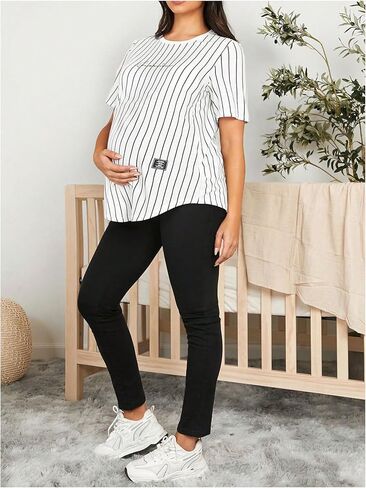 OYOANGLE Women's Maternity Striped Letter Print Nursing Shirt Crew Neck Short Sleeve Breastfeeding Loose Tee Shirts in Saudi Arabia
