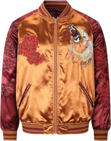 Lion Embroidered Men's Bomber Jacket Hip Hop Streetwear Vintage Japanese Style Windbreaker Coat for Spring Fall in Kuwait