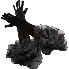 Black Satin Wedding Gloves Long Retro Formal Soft Velvet Stretchy Mittens with Sheer Tulle Ruffle pleated Cuff Over Elbow Glove for Adult Women Costume Bridal Evening Dress Halloween Cosplay in Kuwait
