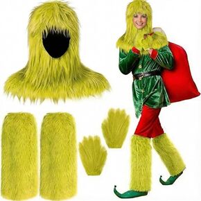 Shihanee 3 Pcs Green Big Christmas Furry Monster Costumes Lime Green Furry Gloves Mask Leg Warmer Monster Costumes Accessories for Xmas Party Gift Delivery Holiday Exchange Gift in Kuwait
