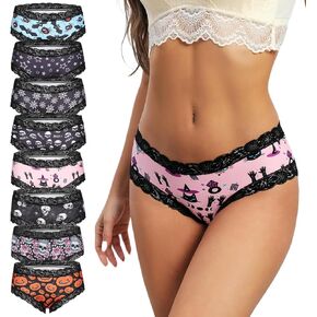 SYVIN النساء 8 قطع لطيف هالوين كل انحاء الجمجمة طباعة محب سراويل، الدانتيل الزخارف منخفضة الارتفاع بيكيني ملابس داخلية مريحة in Kuwait