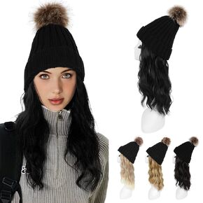 HOOJIH Knitted Beanie Wig, Hat Hair Extension Long Wavy Curly Black Hat Wig with Faux Fur Pom Attached 12 Inch Synthetic Hairpiece for Women Girls Winter - Light Brown with Medium Golden Blonde in Saudi Arabia