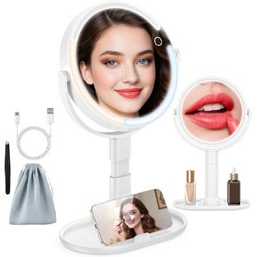 15X/1X Makeup Mirror with Lights, 4000mAh Vanity Mirror with 3 Lighting and Adjustable Brightness, 2-Sided Height Adjustable Lighted Magnifying Mirror, Make Up Mirror Gifts for Elder Women in Saudi Arabia