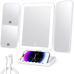 Makeup Mirror Vanity Mirror with Lights, 3 Color Lighting Modes, 1X/2X/3X Magnification, Tri-fold, 360° Rotation, Phone Holder for Makeup, 2000mAh Rechargeable, Bedroom, Bathroom, (White) in Kuwait