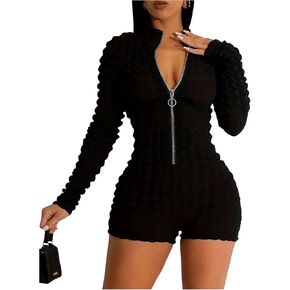 بدلة قفز نسائية WDIRARA بسحاب علوي Bodycon رومبير بأكمام طويلة منسوجة من Unitards in Kuwait