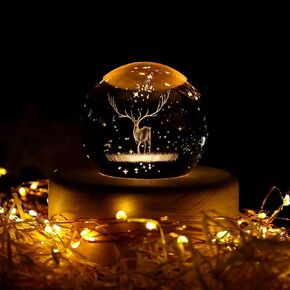 3D Elk Crystal Ball with Wood Stand, Christmas Deer Ornaments Figures Snowflake Snow Globe Decor Glass Ball, Gift for Friend, Dad, Kids, and More (3.15 inch, 80mm) in Saudi Arabia