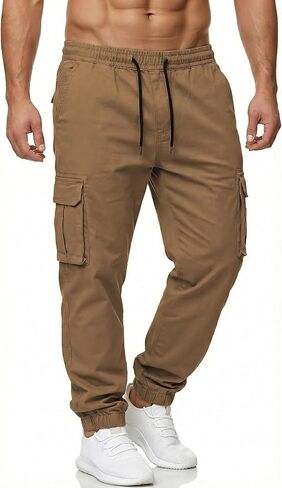 Mens Jogger Pants Casual Lightweight Cargo Pants Drawstring Elastic Waist Tapered Leg Pants with Pockets in Saudi Arabia