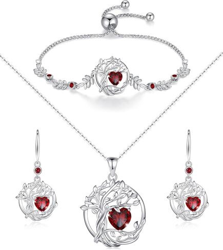 FANCIME Tree of life January Birthstone Jewelry Set Sterling Silver Garnet Pendant Earrings Bracelet Birthday Mothers Day Gifts for women Wife Mom Her in Saudi Arabia