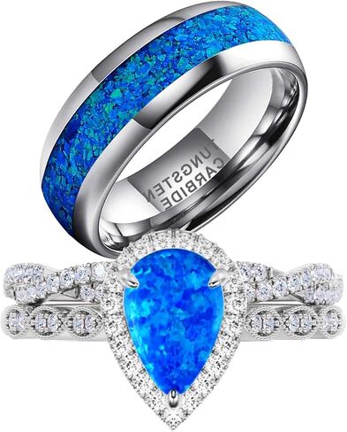 خواتم الزوجين مطلية بالذهب الأبيض 925 خاتم فضة استرليني 1CT الكمثرى الأزرق العقيق النساء خاتم الزواج مجموعات الرجال الزفاف الفرقة in Kuwait