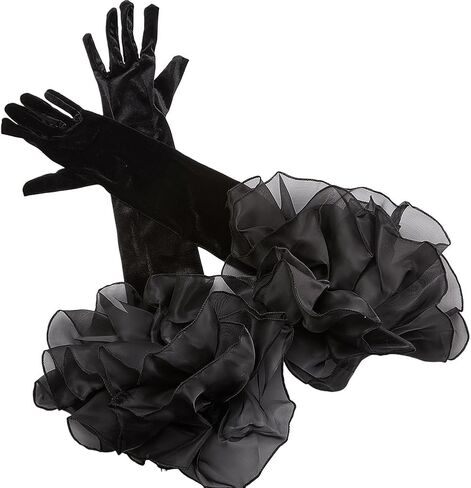 Black Satin Wedding Gloves Long Retro Formal Soft Velvet Stretchy Mittens with Sheer Tulle Ruffle pleated Cuff Over Elbow Glove for Adult Women Costume Bridal Evening Dress Halloween Cosplay in Saudi Arabia