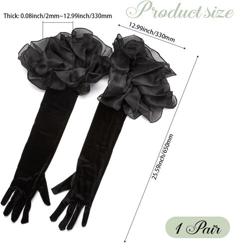 Black Satin Wedding Gloves Long Retro Formal Soft Velvet Stretchy Mittens with Sheer Tulle Ruffle pleated Cuff Over Elbow Glove for Adult Women Costume Bridal Evening Dress Halloween Cosplay in Saudi Arabia
