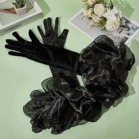 Black Satin Wedding Gloves Long Retro Formal Soft Velvet Stretchy Mittens with Sheer Tulle Ruffle pleated Cuff Over Elbow Glove for Adult Women Costume Bridal Evening Dress Halloween Cosplay in Saudi Arabia